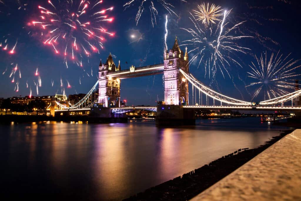 Tower bridge with fireworks